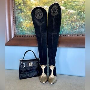 Gianni Versace Suede Over-the-Knee Boots with Gold Medallion. Size 38 / Us 7.5